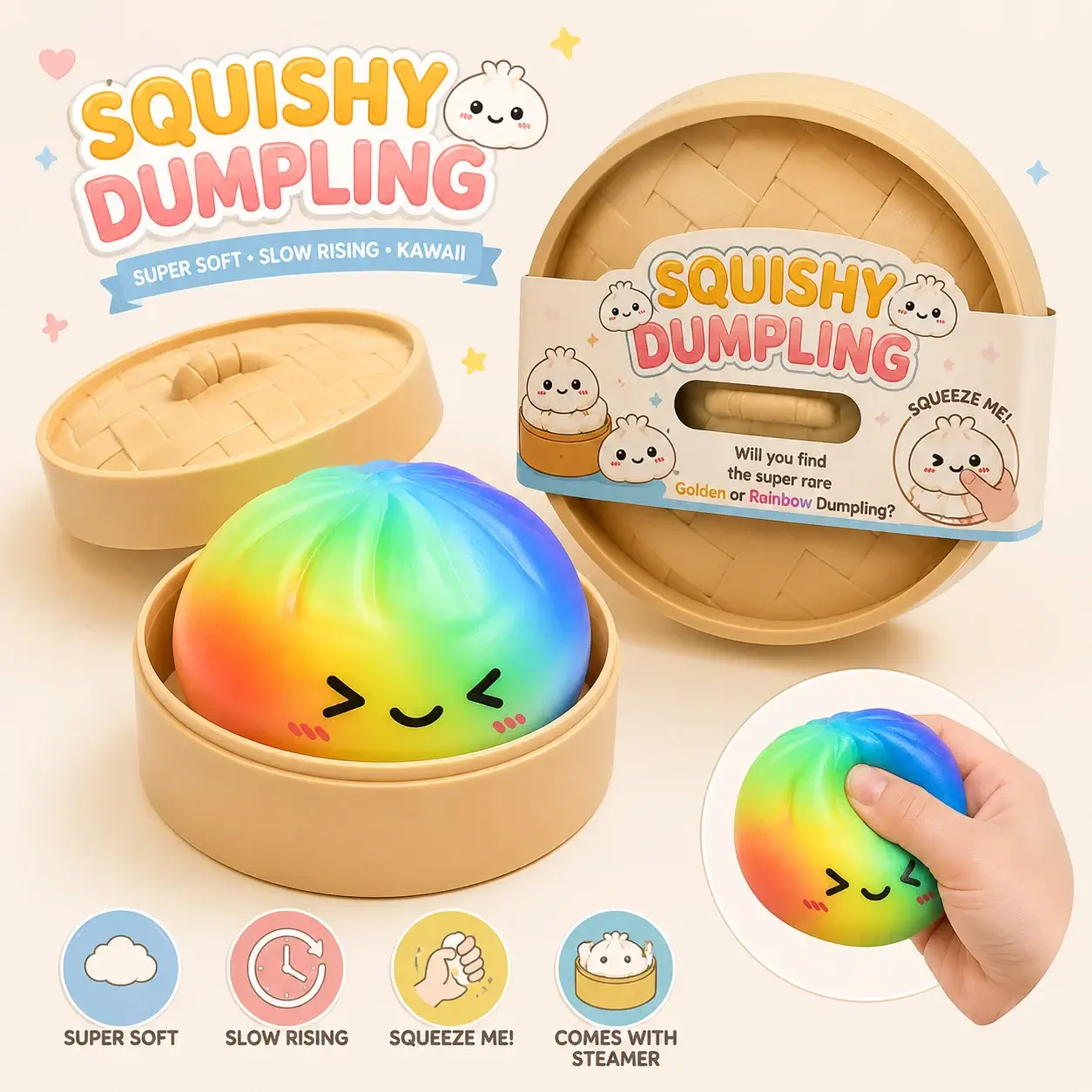 Boutique Planete Jouets France - Squishy Dumpling Arc-en-Ciel avec Panier Vapeur 1 Squishy dumpling arc-en-ciel avec panier vapeur et emballage - Planete Jouets France