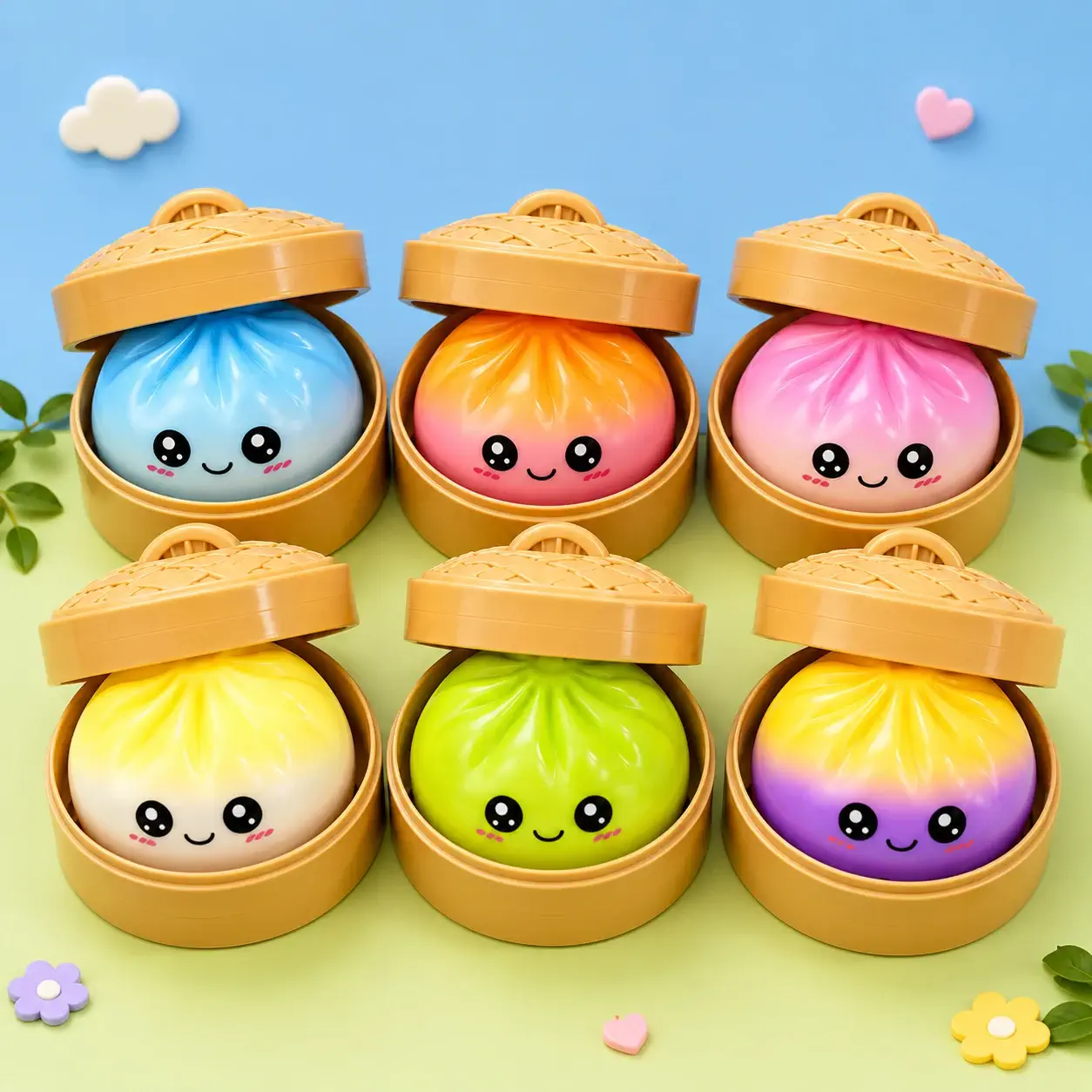 Boutique Planete Jouets France - Squishy Dumpling Dégradé Surprise avec Panier – 1 ou 6 Pièces 1 Six squishies dumpling dégradés dans leurs paniers vapeur - Planete Jouets France