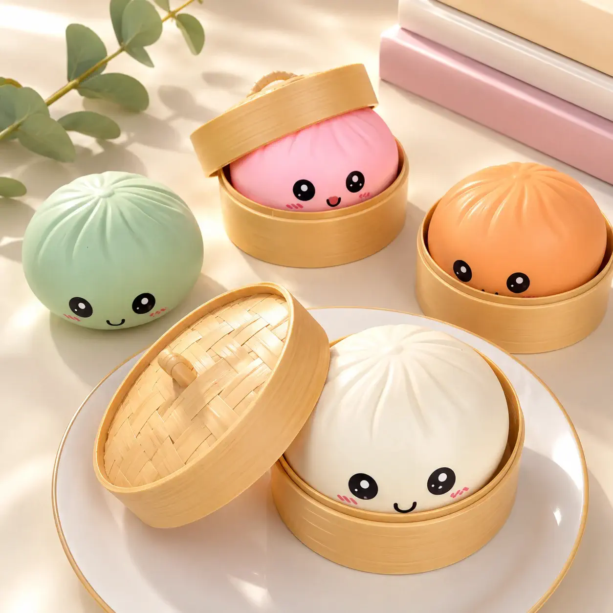 Boutique Planete Jouets France - Squishy Dumpling Pastel avec Panier Vapeur – 4 Couleurs 1 Squishies dumpling pastel dans leurs paniers vapeur - Planete Jouets France