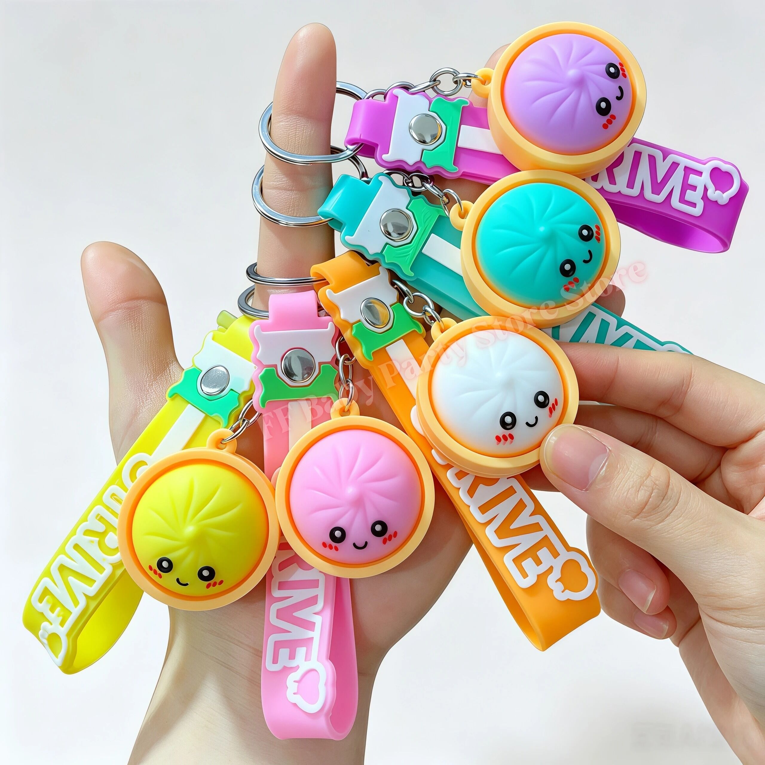 Boutique Planete Jouets France - Porte-Clés Dumpling Kawaii en Silicone – 6 Couleurs 1 Bouquet de porte-clés dumpling kawaii tenus en main - Planete Jouets France