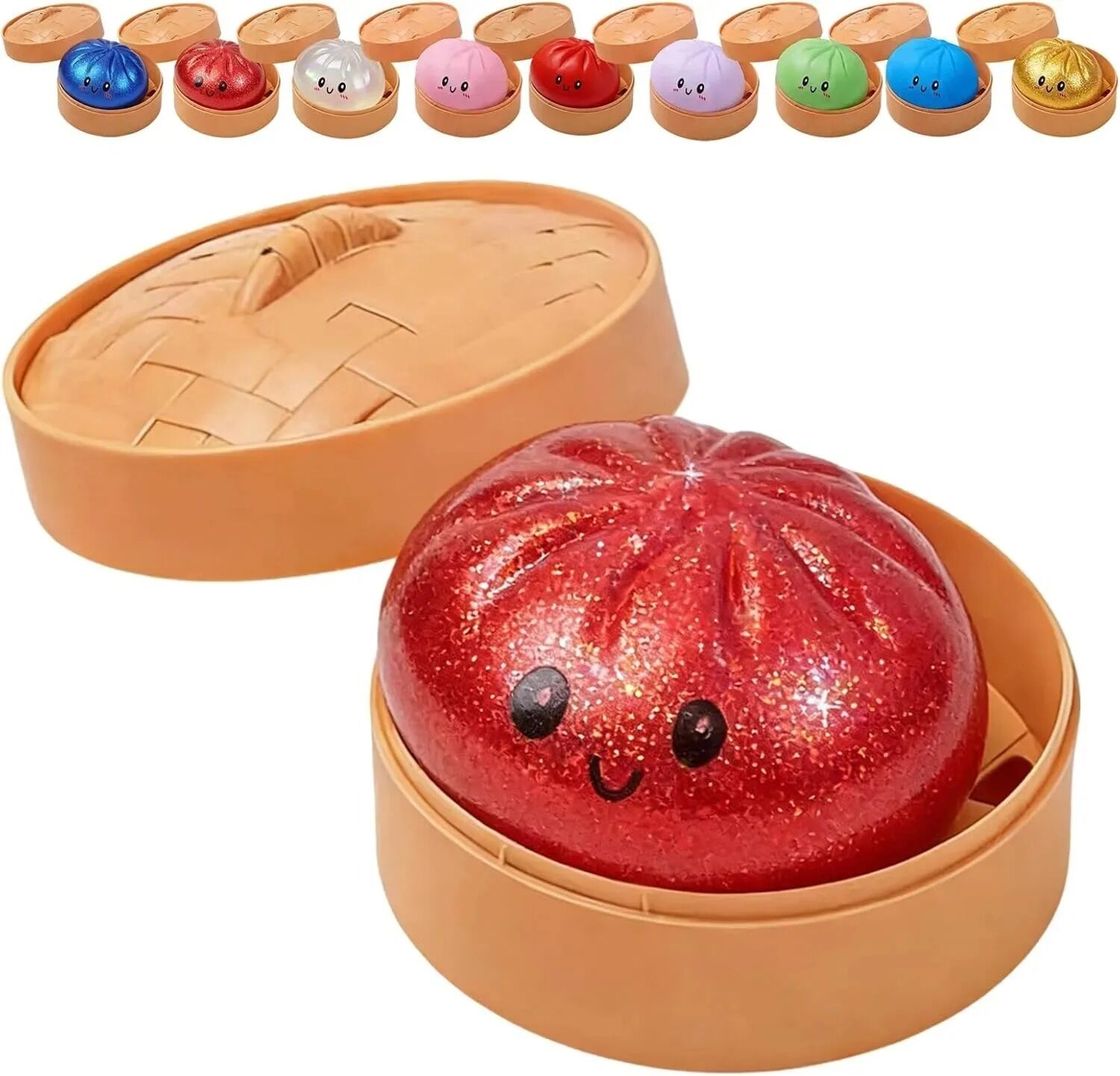 Boutique Planete Jouets France - Squishy Dumpling Scintillant XL avec Panier – Or, Rouge, Bleu ou Cristal 4 Squishy dumpling XL rouge pailleté dans son panier - Planete Jouets France