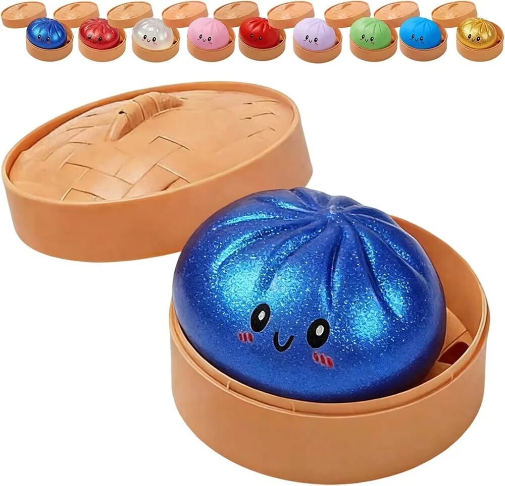 Boutique Planete Jouets France - Squishy Dumpling Scintillant XL avec Panier – Or, Rouge, Bleu ou Cristal 5 Squishy dumpling XL bleu pailleté dans son panier - Planete Jouets France