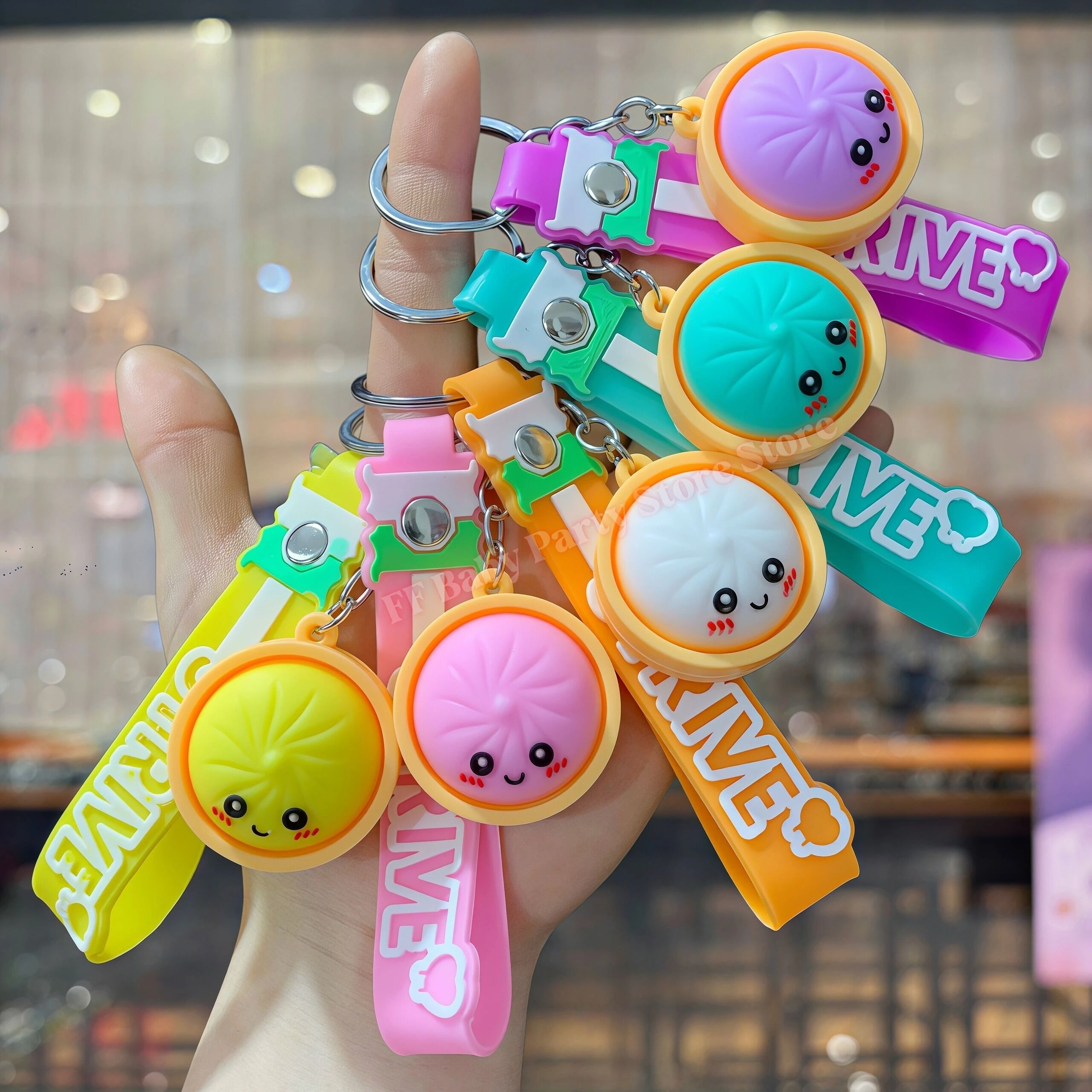 Boutique Planete Jouets France - Porte-Clés Dumpling Kawaii en Silicone – 6 Couleurs 3 Porte-clés dumpling multicolores devant une vitrine - Planete Jouets France
