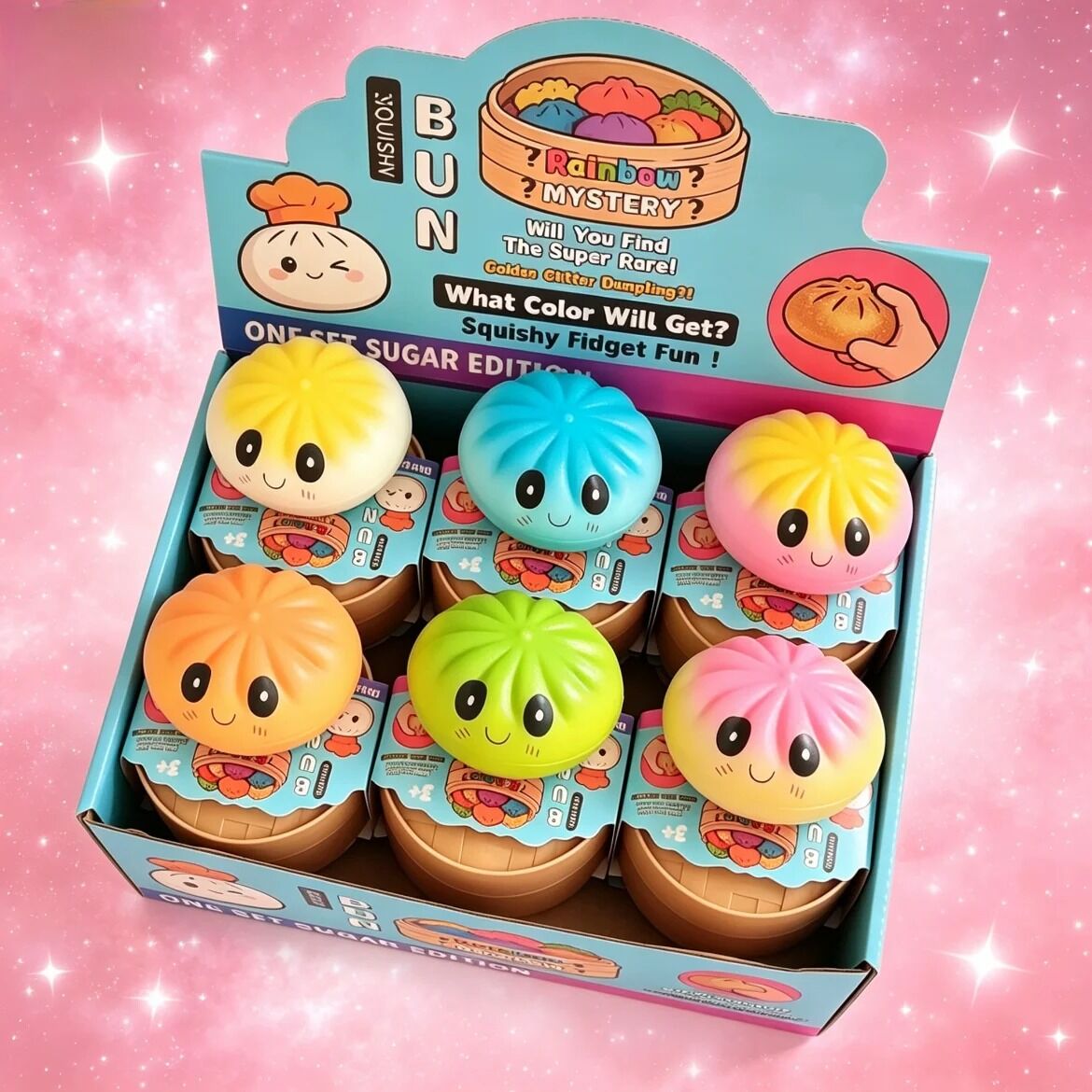 Boutique Planete Jouets France - Mystery Box Squishy Dumpling Pastel – 1 à 12 Pièces 3 Présentoir de squishies dumpling pastel et paillettes roses - Planete Jouets France