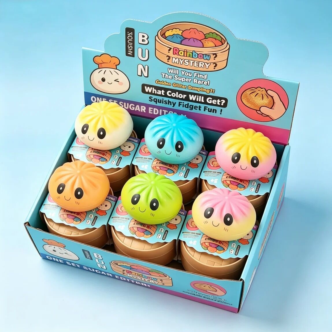 Boutique Planete Jouets France - Mystery Box Squishy Dumpling Pastel – 1 à 12 Pièces 5 Boîte mystery squishy dumpling sur fond bleu - Planete Jouets France
