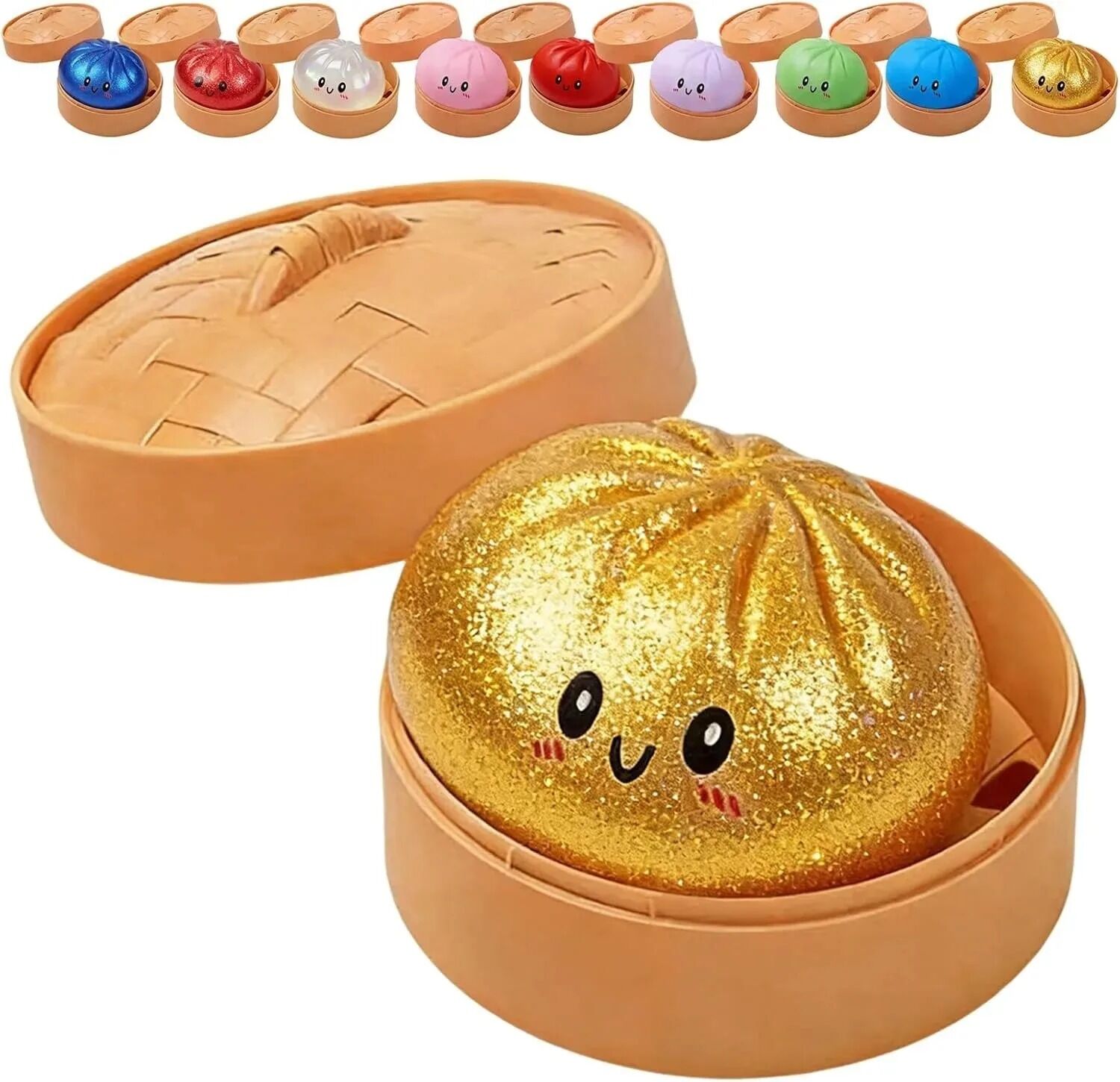 Boutique Planete Jouets France - Squishy Dumpling Scintillant XL avec Panier – Or, Rouge, Bleu ou Cristal 3 Squishy dumpling XL or pailleté dans son panier - Planete Jouets France