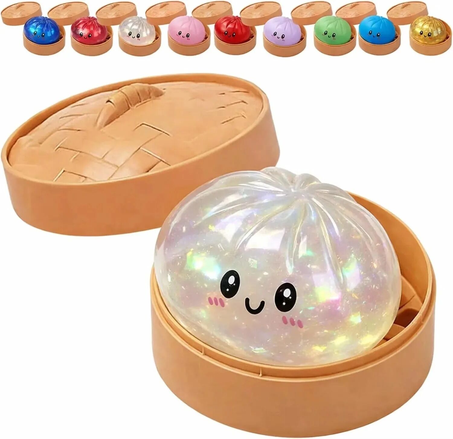 Boutique Planete Jouets France - Squishy Dumpling Scintillant XL avec Panier – Or, Rouge, Bleu ou Cristal 2 Squishy dumpling XL blanc cristal dans son panier - Planete Jouets France