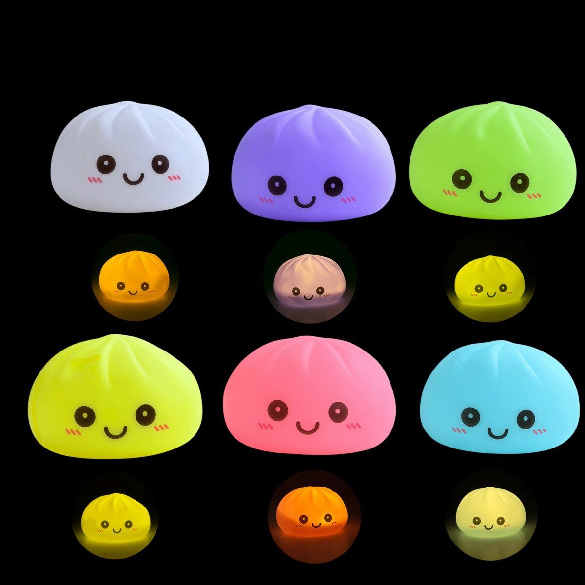 Boutique Planete Jouets France - Squishy Dumpling Lumineux – Veilleuse Kawaii 6 Couleurs 2 Les 6 couleurs du squishy dumpling lumineux, allumé et éteint - Planete Jouets France